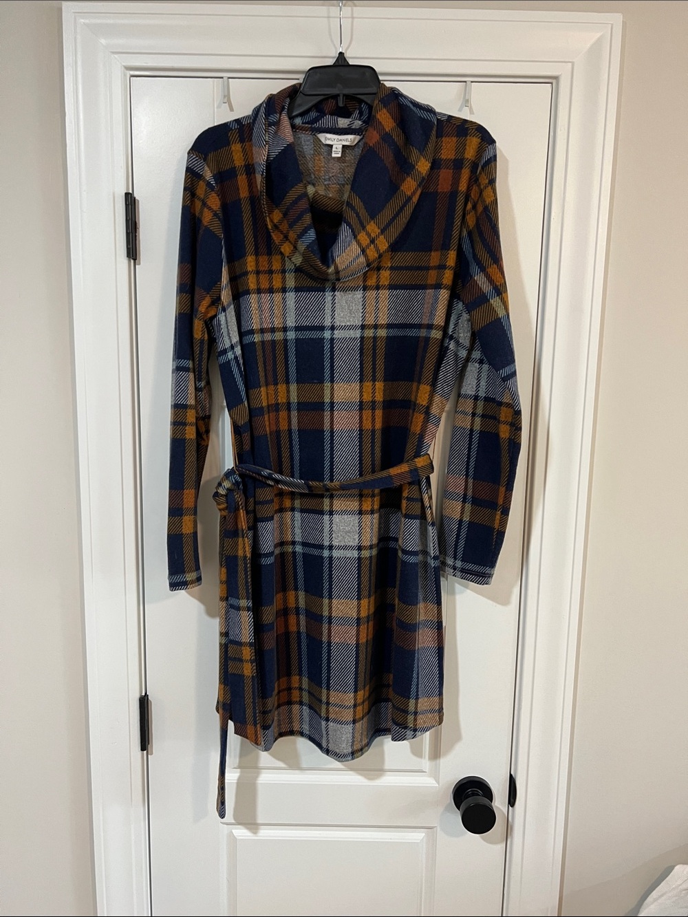 Plaid Cowl-Neck Long Sleeve Dress with Self-Tie Belt - Navy & Mustard
